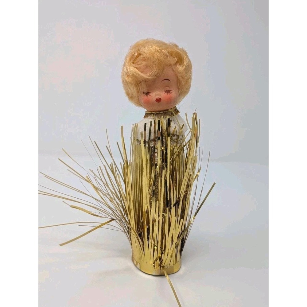 Vintage Gold Tinsel Angel Decoration MCM Christmas Blonde Doll Head Tree Topper